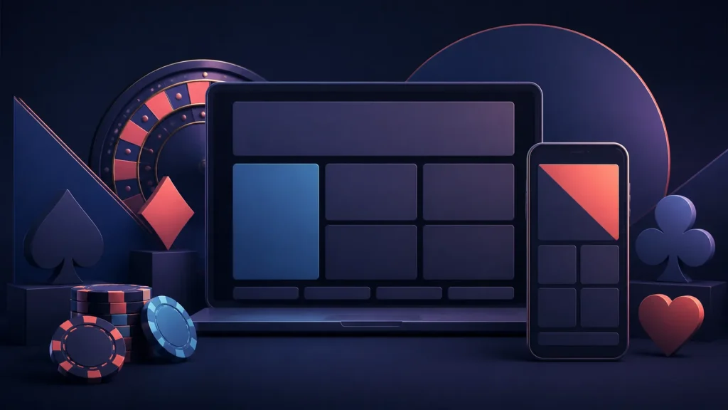 Ilustração editorial de um guia de cassino online em computador e celular